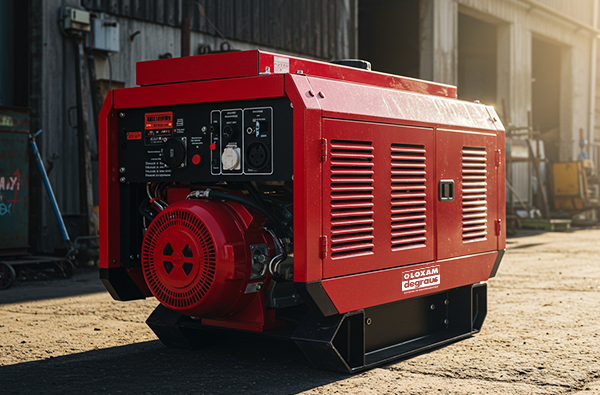 Locação de geradores de energia cabinado vermelho da Loxam Degraus, visto de lado em um ambiente industrial.