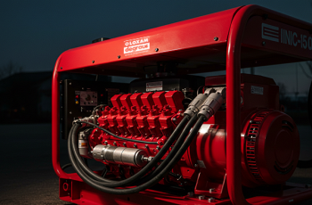 Close-up do motor e das conexões da locaçãp de gerador de energia vermelho da marca Loxam Degraus.